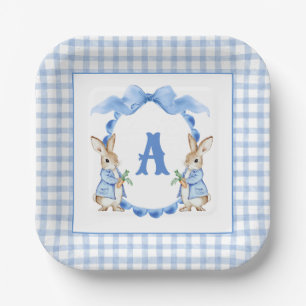 Blue Bunny Rabbit Gingham Monogram Wappen Pappteller