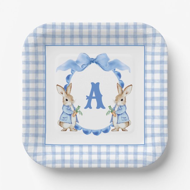 Blue Bunny Rabbit Gingham Monogram Wappen Pappteller (Vorderseite)
