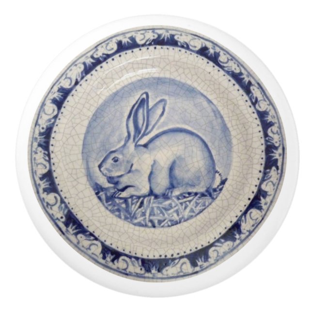 Blue Bunny Rabbit Plate Delft Dedham Keramik Pull Keramikknauf (Vorderseite)