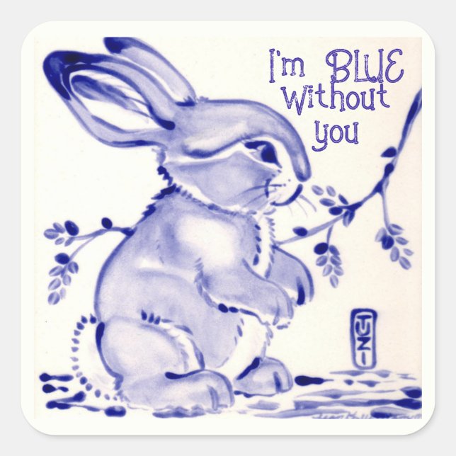 Blue Bunny Rabbit Vermisst Sie Niedliche Kunst Quadratischer Aufkleber (Vorderseite)