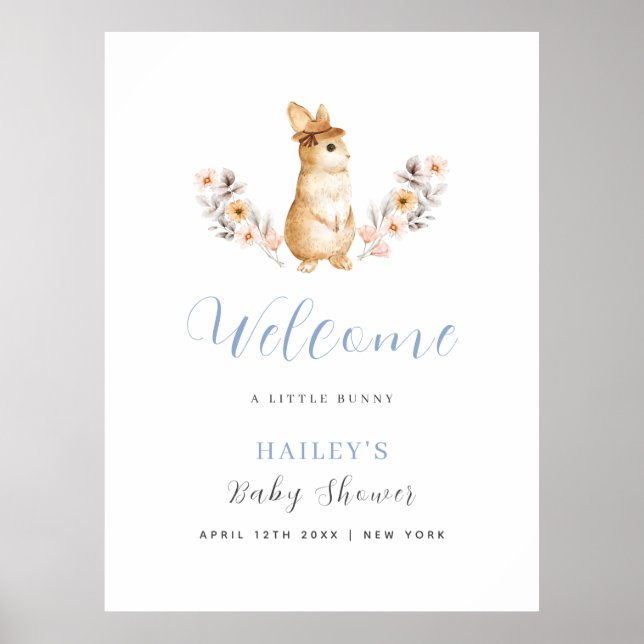 Blue Bunny Wildblume Welcome Baby Dusche Poster (Vorne)
