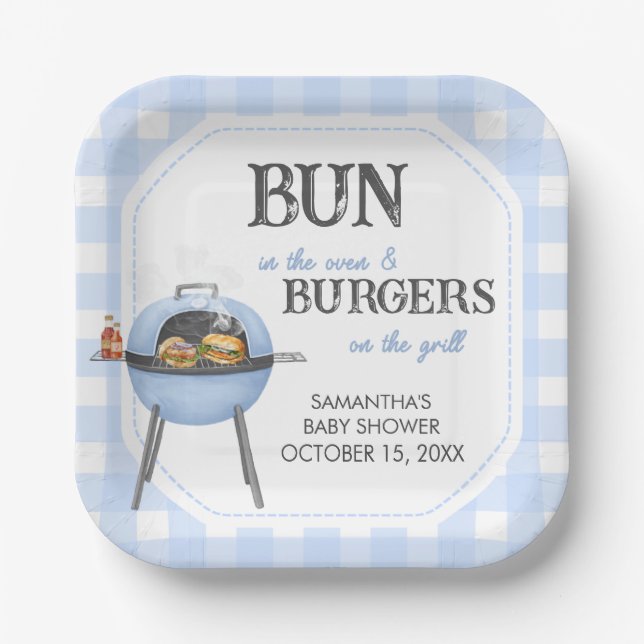Blue Burger BBQ Baby Shower Pappteller (Vorderseite)