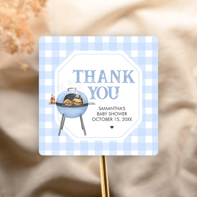 Blue Burger BBQ Baby Shower Quadratischer Aufkleber (Bun and Burgers Baby Shower Sticker)