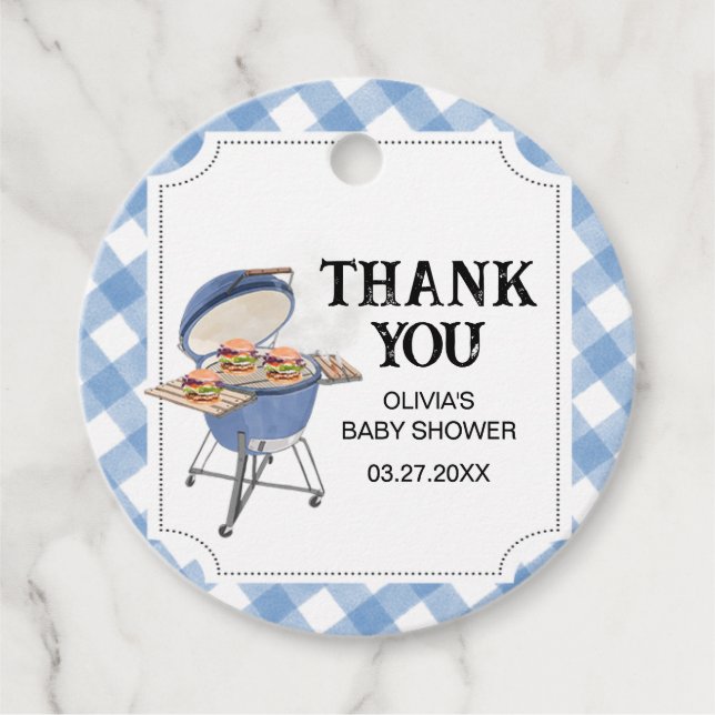 Blue Burger GRILLEN Baby Dusche Runde Geschenkanhänger (Vorderseite)