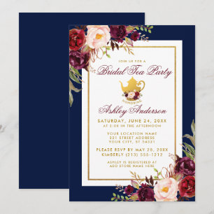 Blue Burgund Floral Gold Bridal Party Einladung