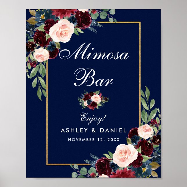 Blue Burgundi Gold Floral Wedding Mimosa Bar Poster (Vorne)