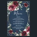 Blue Burgundy Blush Gold Wedding Menu Cards<br><div class="desc">Das Design zeichnet sich durch eine dunkelmarinierte Aquarellwäsche aus,  die mit einem geometrisch oder terrarienbedruckten,  goldfarbenen Rahmen mit eleganten Eukalyptusbäumen und grünen Blätter/Ästen versehen ist. Schöne Rose- und Toroneelemente in Bordeaux-,  Rot-,  Marsala- und anderen Farbtönen mit blindfarbenen,  rosa Blume sind über dem Grün zu sehen.</div>