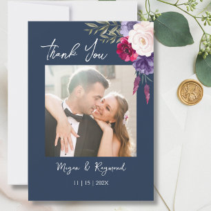 Blue Burgundy & Blush Moderne Blumenhochzeit Dankeskarte