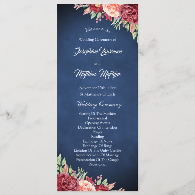 Blue Burgundy Blush Rose Bloral Wedding Programm (Vorderseite)