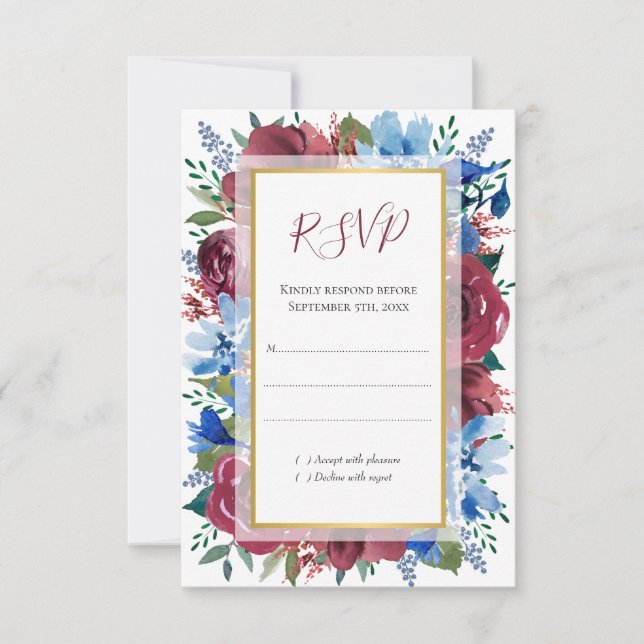 Blue Burgundy Botanical Floral Gold Wedding RSVP Karte (Vorderseite)