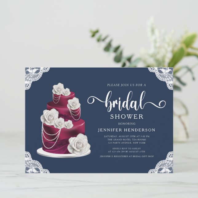 Blue Burgundy Cake & Lace Brautparty Einladung (Stehend Vorderseite)