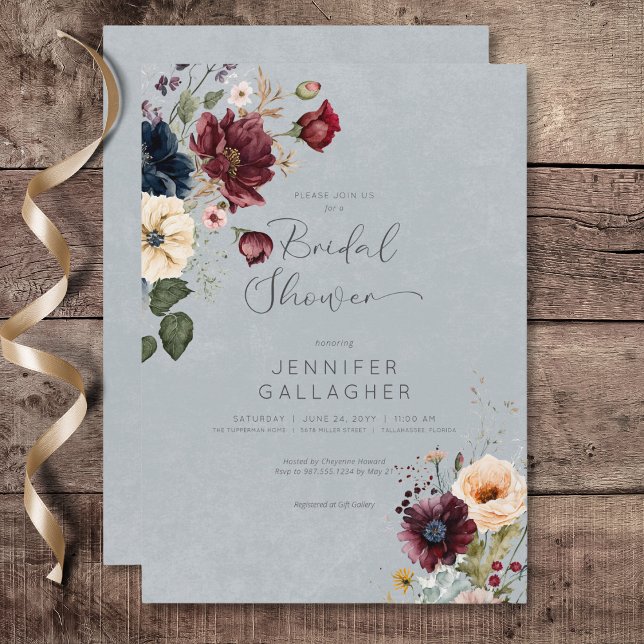 Blue Burgundy & Cream Rustikales Brautparty Einladung (Blue Burgundy & Cream Rustic Floral Bridal Shower Invitation)