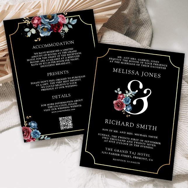 Blue Burgundy Floral Ampersand Black Wedding Einladung (Von Creator hochgeladen)