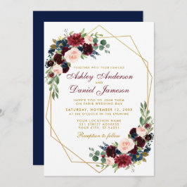 Blue Burgundy Floral Geometric Gold Wedding B Einladung