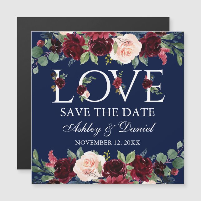 Blue Burgundy Floral Liebe Magnetic Save the Date Magnetkarte (Vorne/Hinten)