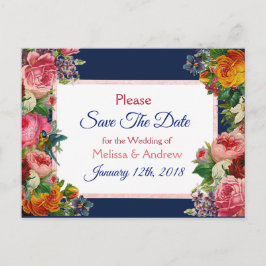 Blue Burgundy Floral Save the Date Postkarte