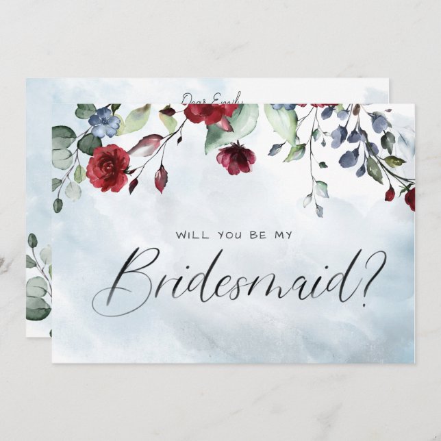 Blue Burgundy Floral Watercolor Script Bridesmaid Einladung (Vorne/Hinten)