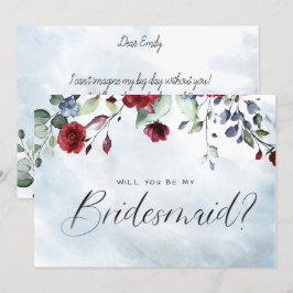 Blue Burgundy Floral Watercolor Script Bridesmaid Einladung