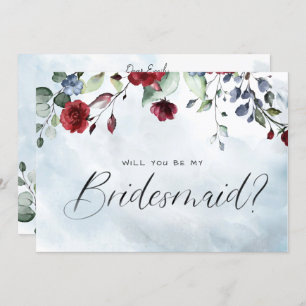 Blue Burgundy Floral Watercolor Script Bridesmaid Einladung