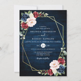 Blue Burgundy Gold Blush Pink Country Wedding Einladung