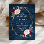 Blue Burgundy Gold Blush Pink Country Wedding Einladung<br><div class="desc">Navy Blue Burgundy Gold Blush Pink Country Wedding Einladungen - mit einem dunkelmarineblauen, blauen Stall oder Holzkorn Hintergrund dekoriert mit einem gedruckten geometrischen Rahmen aus Gold, der mit Blumen- und Grünelementen in Marinetönen, Rosa, Bordeaux und mehr besticht. Sehen Sie sich die passende Auflistung auf dieser Seite an, um koordinierende Elemente...</div>