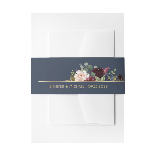 Blue Burgundy Gold Floral Blooms Chic Wedding Einladungsbanderole (Vorderseite Beispiel)