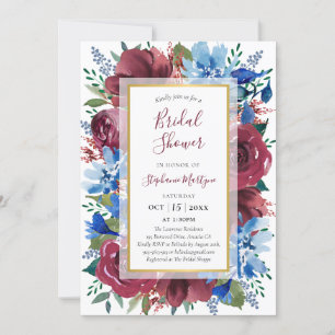 Blue Burgundy Gold Floral Brautparty Einladung