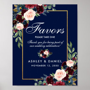 Blue Burgundy Gold Floral Gastgeschenke Hochzeiten Poster