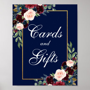 Blue Burgundy Gold Floral Wedding Cards Geschenke Poster