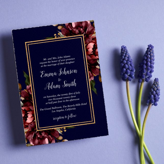Blue Burgundy Gold Floral Wedding Einladung (Von Creator hochgeladen)