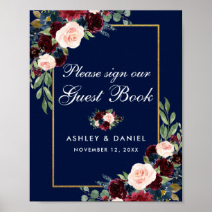 Blue Burgundy Gold Floral Wedding Guest Book Poster