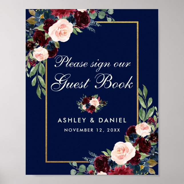 Blue Burgundy Gold Floral Wedding Guest Book Poster (Vorne)