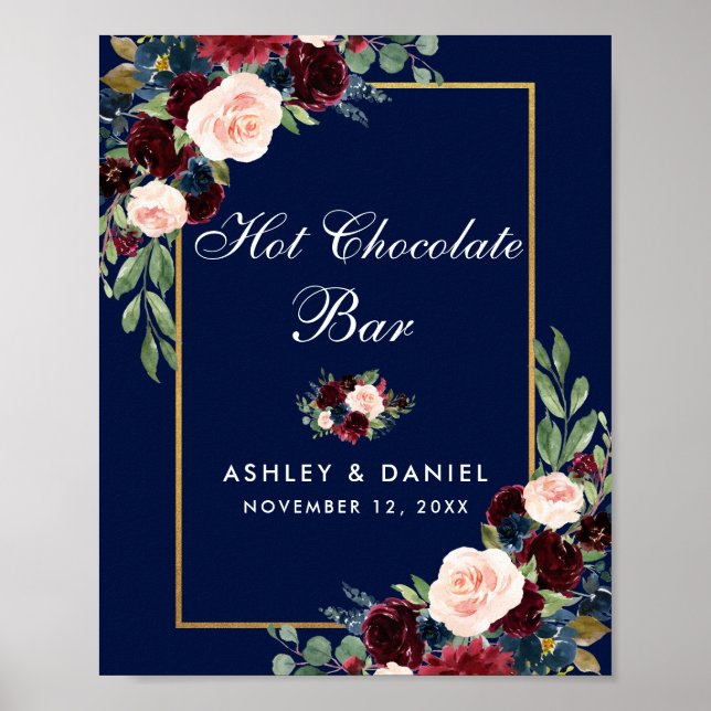 Blue Burgundy Gold Floral Wedding Hot Chocolate Poster (Vorne)