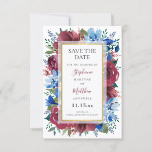 Blue Burgundy Gold Floral Wedding Save The Date