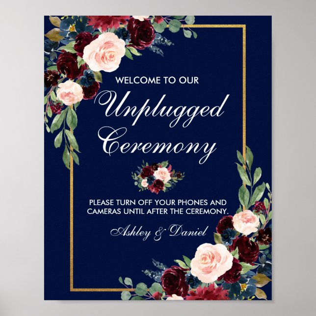 Blue Burgundy Gold Floral Wedding Unplugged Poster (Vorne)