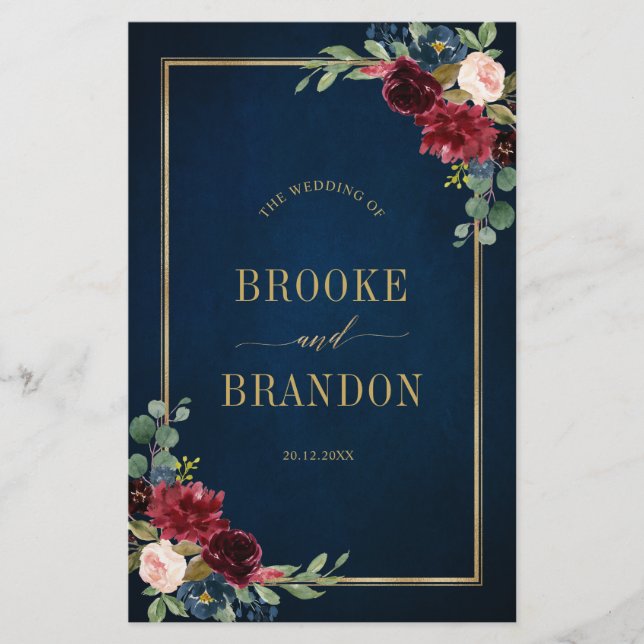 Blue Burgundy Gold Geometric Wedding Program (Vorderseite)