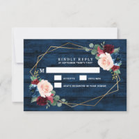 Blue Burgundy Gold Pink Wedding RSVP Cards