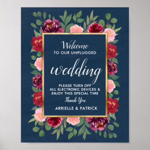 Blue Burgundy Gold Unplugged Wedding Sign Poster