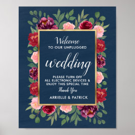 Blue Burgundy Gold Unplugged Wedding Sign Poster