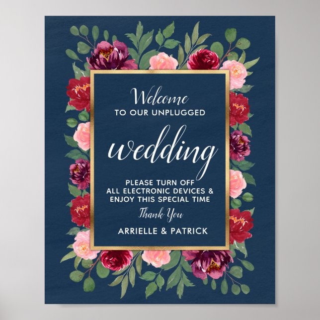 Blue Burgundy Gold Unplugged Wedding Sign Poster (Vorne)
