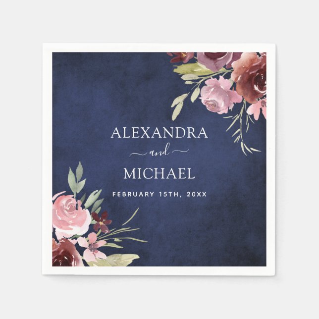 Blue Burgundy Hochzeit mit Wasserfarben Serviette (Vorderseite)