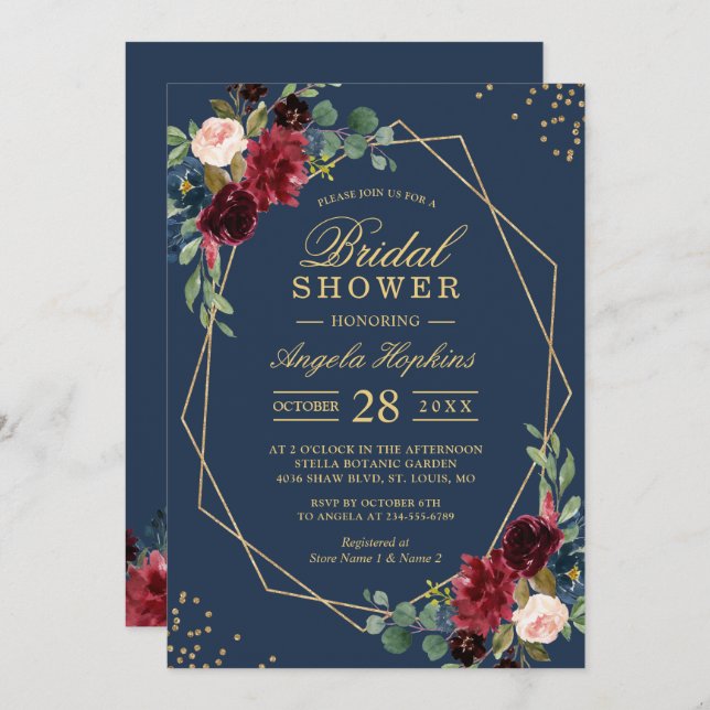 Blue Burgundy Red Floral Modernes Brautparty Einladung (Vorne/Hinten)