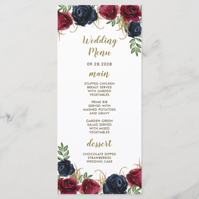 Blue Burgundy Rustic Boho Wedding Menu Cards Menükarte (Vorderseite)
