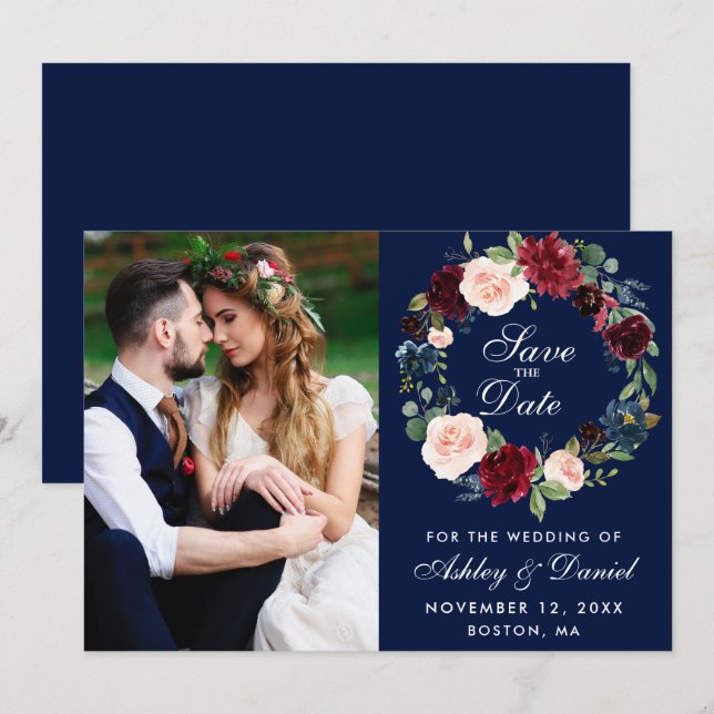 Blue Burgundy Watercolor Blumenzeremonie B Save The Date (Vorne/Hinten)