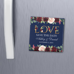 Blue Burgundy Watercolor Floral Liebe Save the Dat Magnet