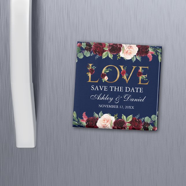 Blue Burgundy Watercolor Floral Liebe Save the Dat Magnet (Customize to change your personalized text size, text style or background color.)