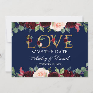 Blue Burgundy Watercolor Floral Liebe Save the Dat Save The Date