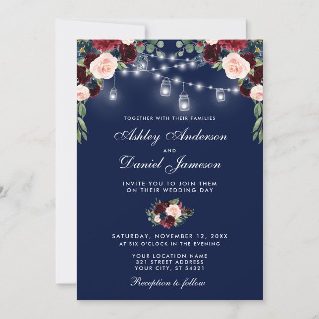 Blue Burgundy Watercolor Floral Lights Hochzeit Einladung (Vorderseite)