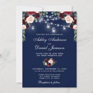 Blue Burgundy Watercolor Floral Lights Hochzeit Einladung