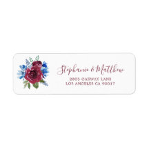 Blue Burgundy Watercolor Floral Wedding Address